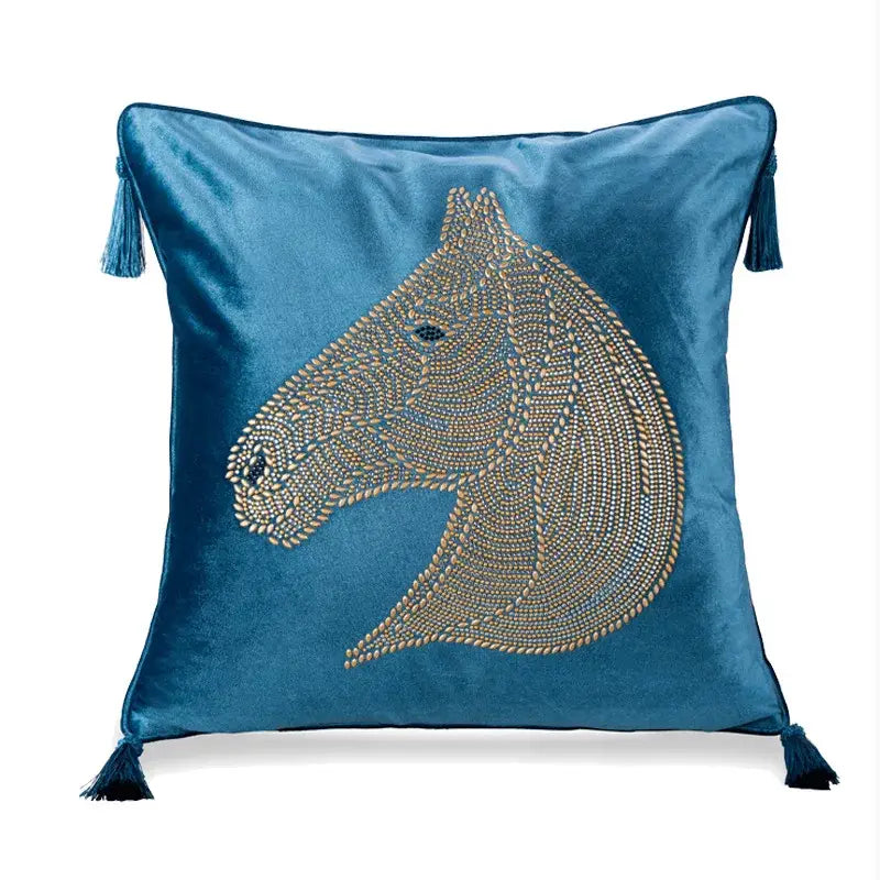 Blue velvet decorbites gold rhinestone throw pillow with beaded horse head and matching tassels rhinestone square pillow