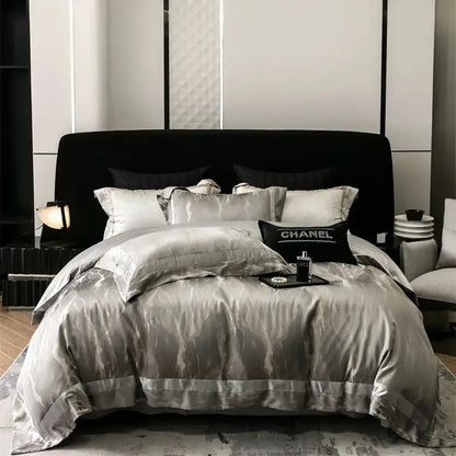 Silver satin duvet cover set with subtle marbled pattern and elegant ruffled edges in decorbites brocade satin jacquard bedding set