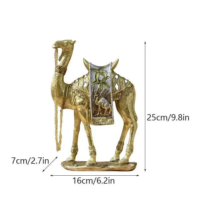 Golden camel resin art ornament with intricate detailing and embossed palm tree saddle for living room decor