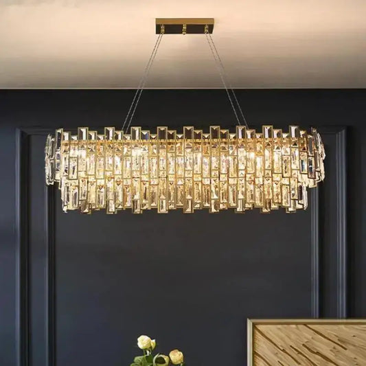Luxury decorbites gold steel crystal pendant chandelier with gold-toned rectangular frame and cascading clear prisms