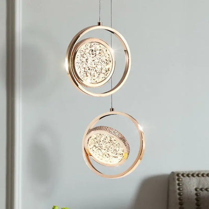 Luxury gold textured crystal ring pendant light featuring modern rose gold circular design with sparkling crystals for decorbites decor