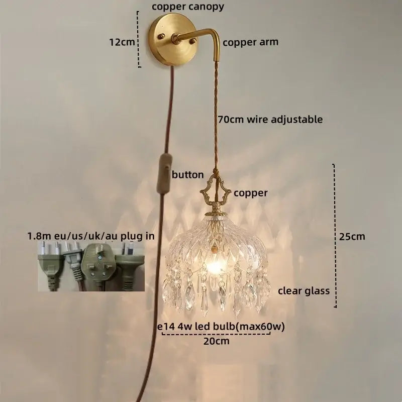Luxury gold twisted cord crystal glass led wall sconce with antique brass finish and clear glass crystal chandelier shade