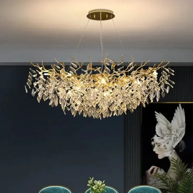 Luxury golden branch ceiling chandelier with golden leaf shape and crystal accents for elegant living room decorbites design