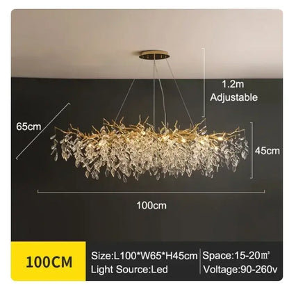 Luxury decorbites golden branch ceiling chandelier with crystal leaves and adjustable 1.2m hanging length for living room lighting