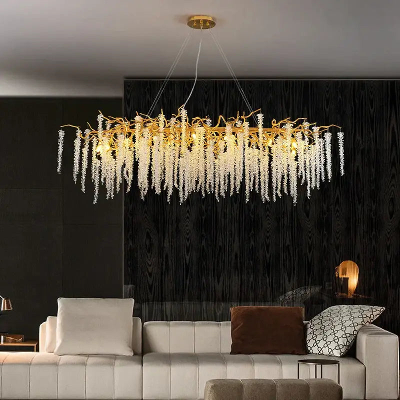Luxury golden branch crystal tassel led chandelier with cascading clear crystal droplets for dining room decorbites crystal tassel