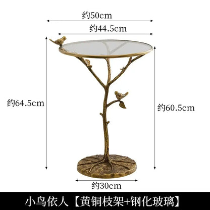 Luxury golden brass bird tree side table with bronze-finished tree stand and glass top by decorbites brass bird decor