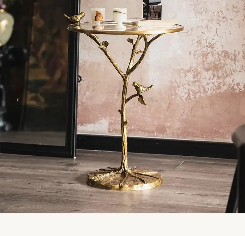 Luxury golden brass bird tree side table with intricate branches and two small bird figurines for living room decorbites brass bird decor