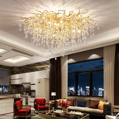 Luxury golden crystal ceiling chandelier with branch-style design and dangling teardrop crystals for decorbites crystal ceiling decor