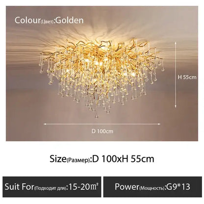 Luxury golden crystal ceiling chandelier with intricate branching metal arms and teardrop decor from decorbites crystal ceiling