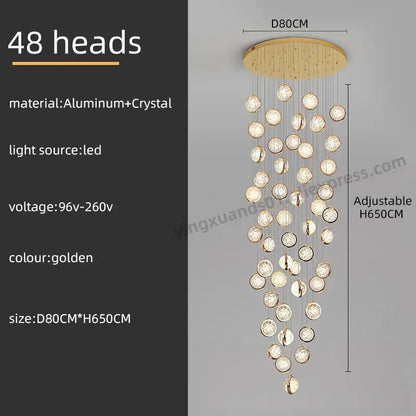 Luxury golden decorbites crystal ball led rotating stair chandelier with 48 crystal heads suspended from aluminum base