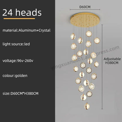 Luxury golden decorbites crystal ball led rotating stair chandelier with 24 crystal heads on aluminum circular base