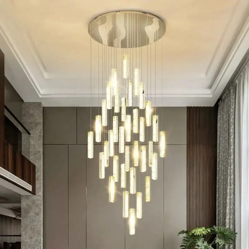 Luxury golden decorbites crystal led chandelier with circular metallic base and cascading glass rods for living room pendant
