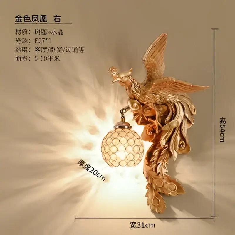 Luxury golden dragon phoenix wall light with intricate feathered design and crystal globe shade for living room decorbites dragon phoenix