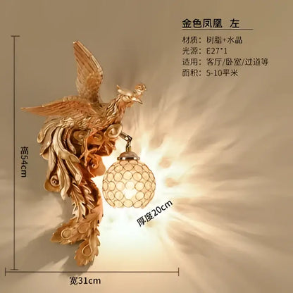 Luxury golden dragon phoenix wall light featuring intricate feathered phoenix wall light design with crystal globe decorbites dragon phoenix fixture