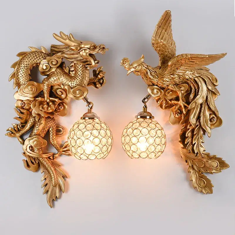 Luxury golden dragon phoenix wall light featuring golden dragon phoenix decorbites with glass sconce and spherical shade