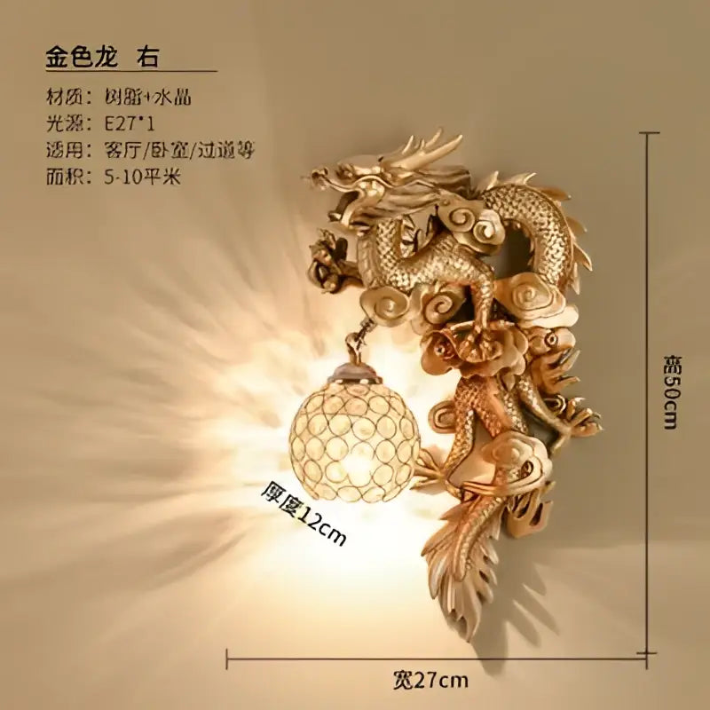 Luxury golden dragon phoenix wall light with crystal globe and intricate scales for decorbites dragon phoenix decor