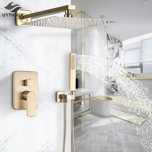 Luxury golden hammered rectangular shower faucet set with gold-finished rain shower head and integrated hand-held spray nozzle