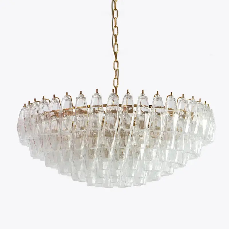 Luxury gray glass chandelier featuring clear crystal elements with gold-toned frame by Decorbites gray glass decor