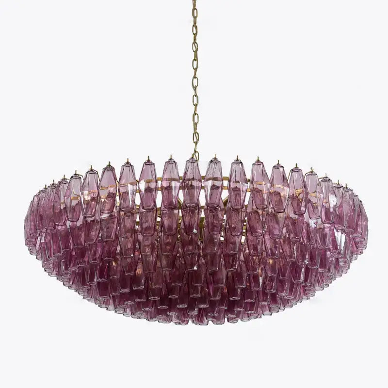 Luxury gray glass chandelier with gradient purple faceted teardrop crystals on brass frame for dining room decorbites gray glass