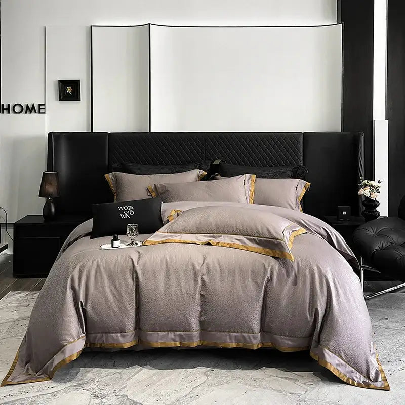 Luxury gray satin bedding set with gold trim and quilted black headboard in egyptian cotton leopard jacquard design