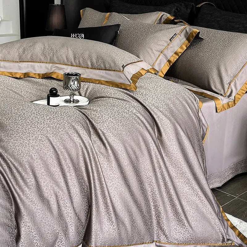 Silver-gray satin duvet cover bedding set with gold trim and subtle cotton leopard jacquard pattern for luxury bedroom