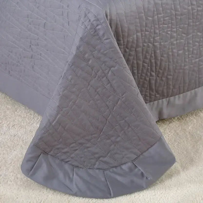 Luxury gray textured egyptian cotton quilt set with diamond-stitched pattern and ruffled hem cotton quilt set