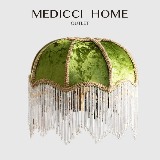 Luxury green velvet tasseling lampshade with gold trim and cascading crystal fringe for elegant bedroom decorbites green velvet