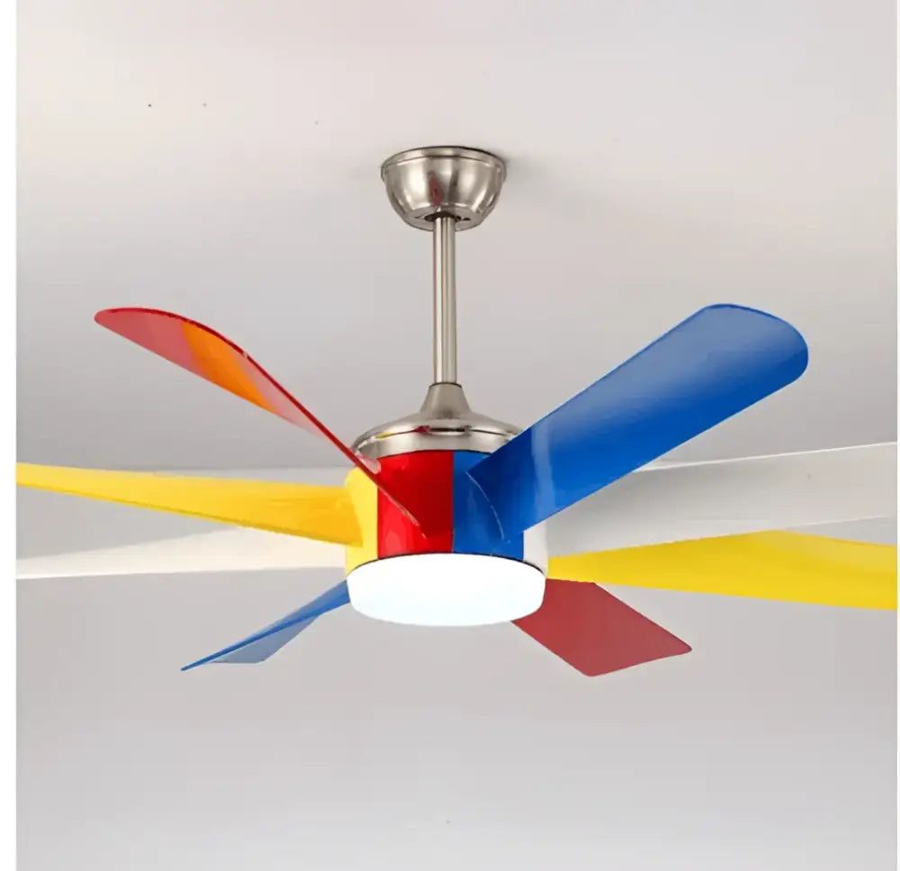 Luxury industrial ceiling fan with light featuring colorful multi-blade metallic design for hotel lobby use