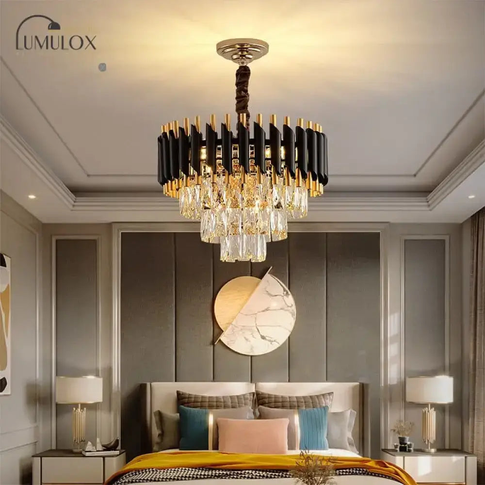 Black and gold modern DecorBites Nebra luxury k9 crystal chandelier with crystal droplets by lumulox