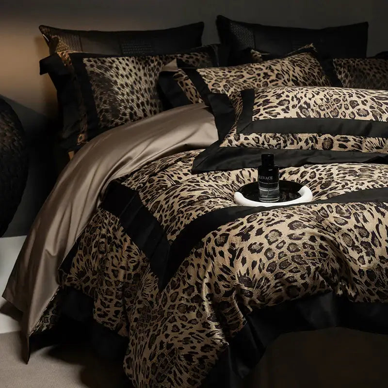 Luxury leopard print bedding set with black satin trim and beige base fabric for elegant bedroom decorbites decor