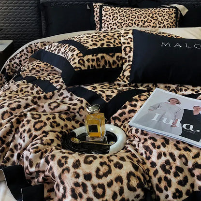 Luxury leopard print lyocell cotton bedding set with black satin trim and matching pillows by decorbites leopard print