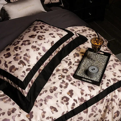 Luxury leopard print satin pillowcase with bold black piping from decorbites bedding set in cream and black colors