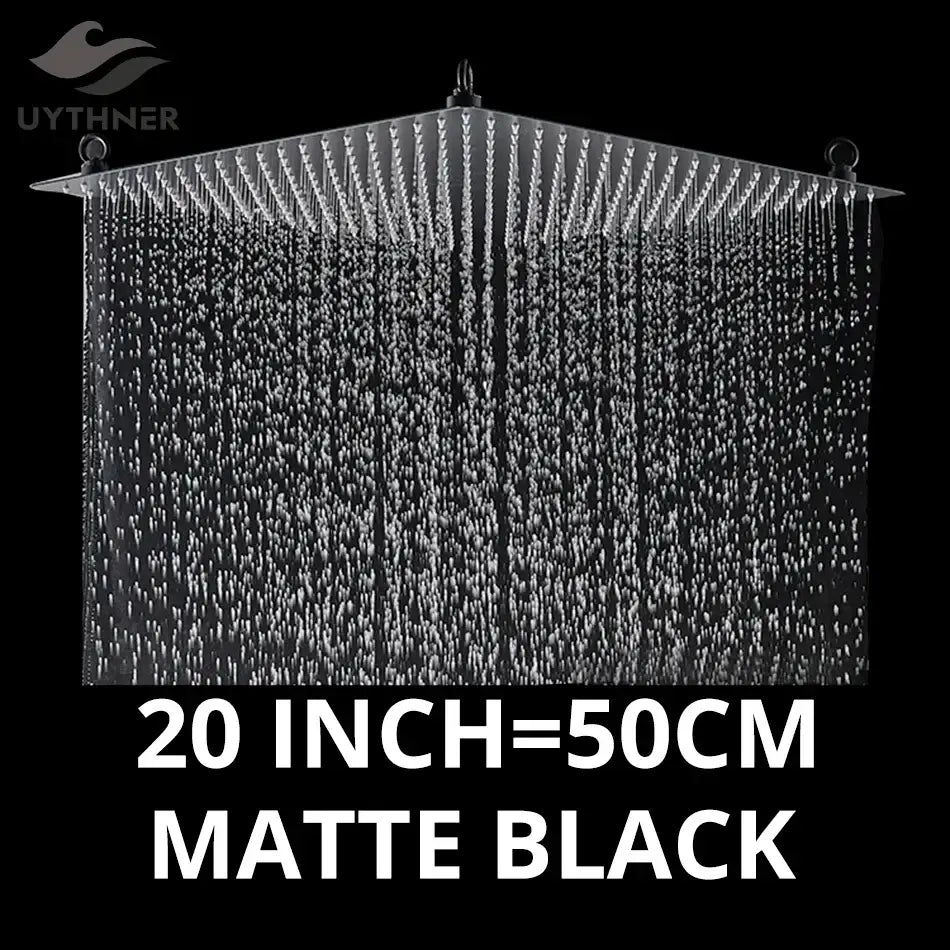 Luxury matte black 20-inch square rainfall shower head with multiple jets for an enhanced shower experience