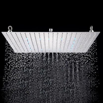 Luxury matte black rainfall shower head in brushed stainless steel with multiple nozzles and integrated blue led lighting for enhanced shower experience