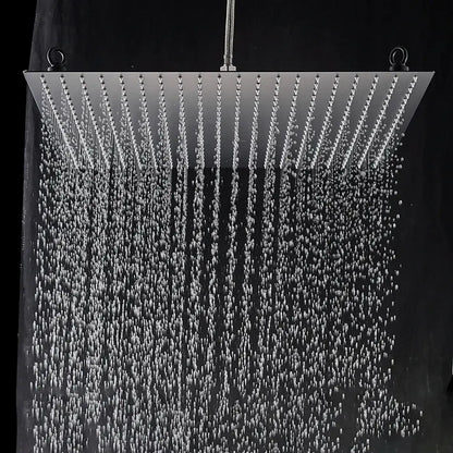 Luxury matte black rainfall shower head with square brushed stainless steel design delivering premium shower experience