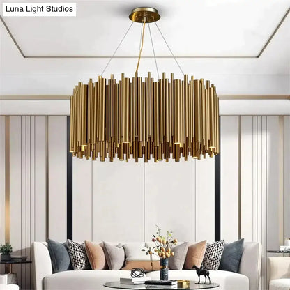 Gold-toned cylindrical luxury modern round chandelier by decorbites for living room with minimalist design