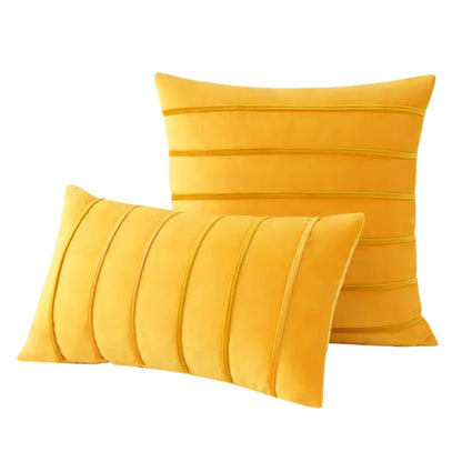 Set of two mustard-yellow velvet pillow covers with horizontal pleated detailing for living room decorbites blue velvet