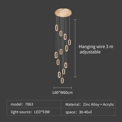 Modern gold-toned decorbites crystal rings chandelier with oval acrylic lights and zinc alloy ceiling mount for staircase lighting