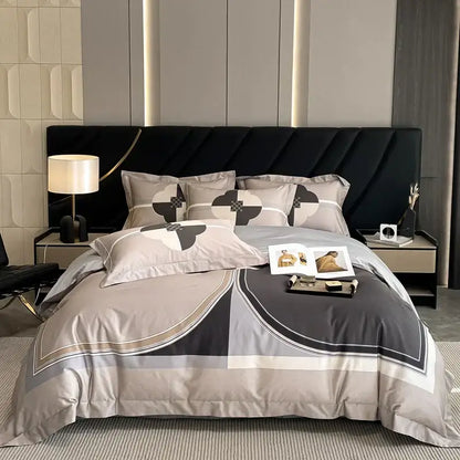Modern gray and black geometric patterned satin bedding set with a sleek design for luxury egyptian cotton flower bedding