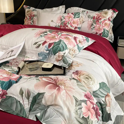 Elegant cotton flower bedding set in soft white with vibrant pink roses made from luxury egyptian cotton flower fabric