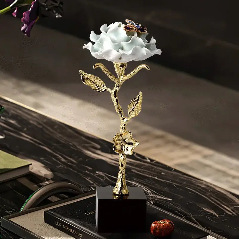 Luxury porcelain crystal rose decor with white petals gold-toned stem and jeweled butterfly for living room ornament