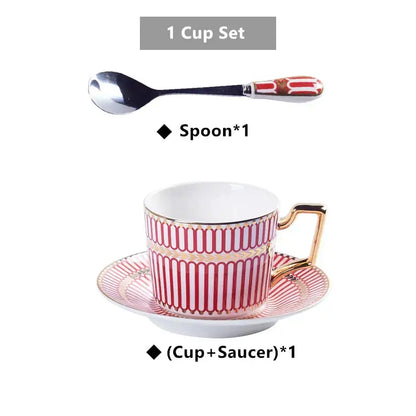 Elegant pink and gold striped decorbites gold porcelain espresso cup with matching saucer and spoon for luxury coffee serving