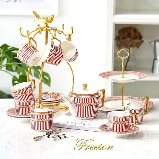 Elegant luxury red and gold porcelain coffee set with decorbites gold porcelain rack featuring teapot and cups