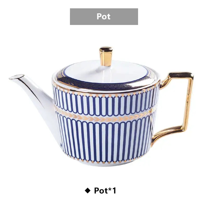 Elegant porcelain teapot with navy blue stripes and gold accents from decorbites gold porcelain coffee set collection