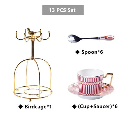 Luxury red and gold porcelain coffee set with a decorbites gold birdcage featuring ornate curved bars and bird decor
