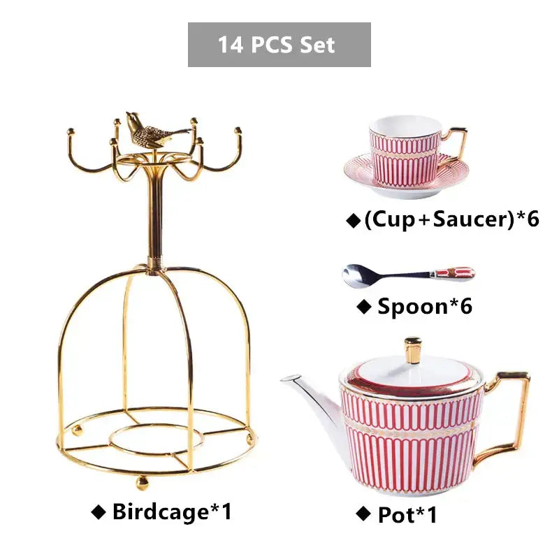 Luxury red and gold porcelain coffee set dining room serving rack with decorbites gold porcelain birdcage ornament