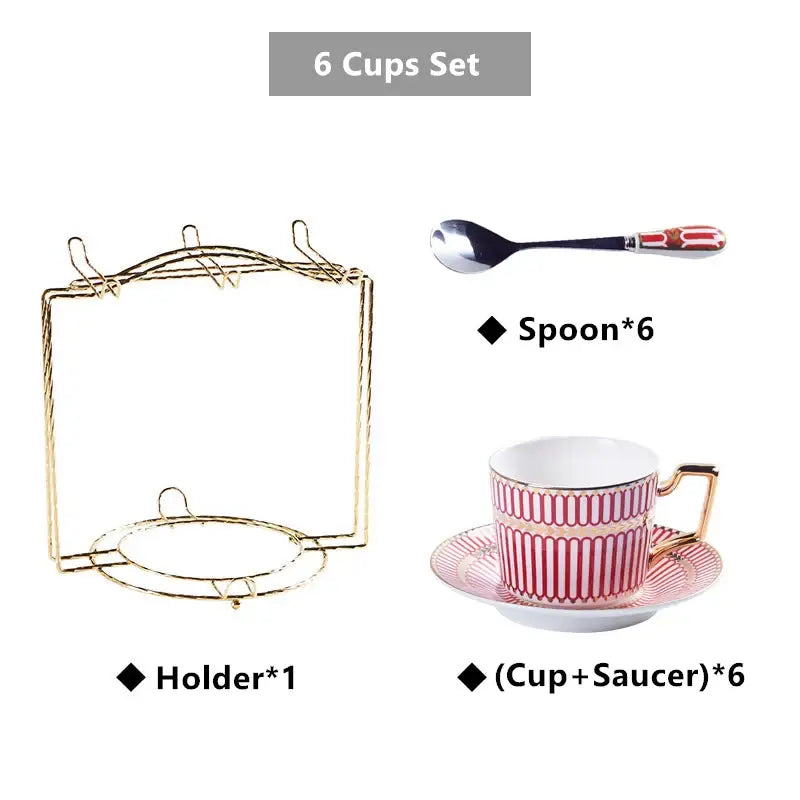 Elegant pink and gold striped porcelain cup with matching saucer part of decorbites gold porcelain coffee set