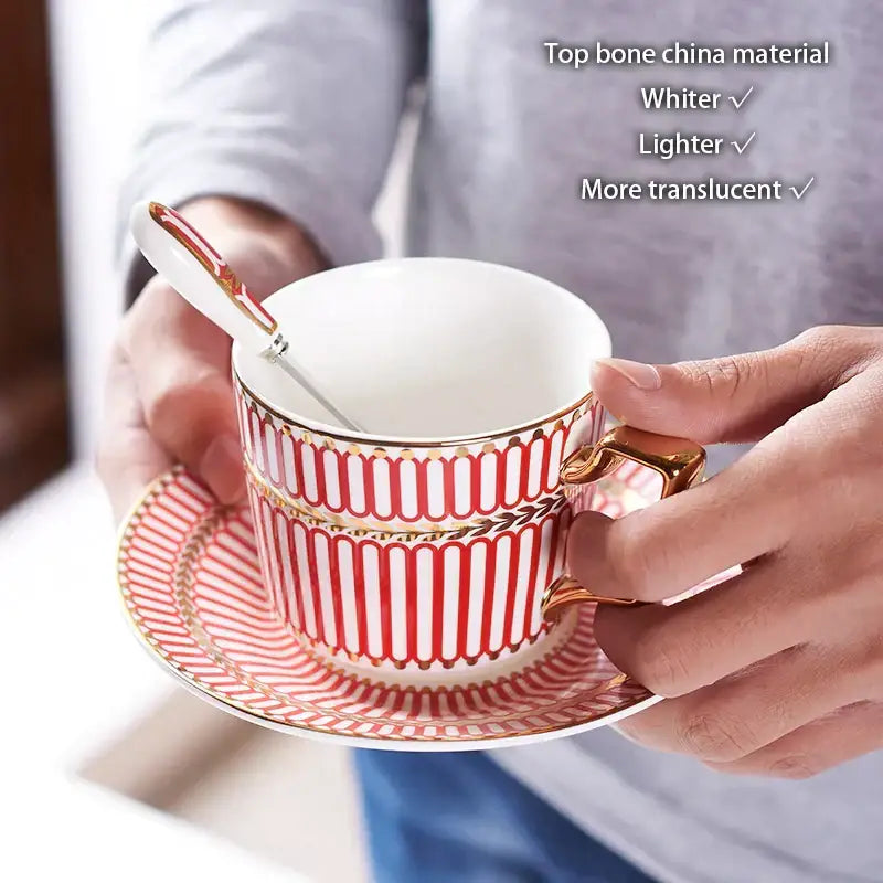 Luxury red and gold striped bone china teacup with matching saucer for decorbites gold porcelain coffee set dining room use