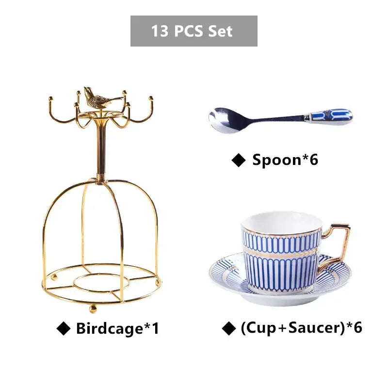 Gold-colored metal birdcage with decorative bird perched on top in luxury red and gold porcelain coffee serving rack by decorbites gold porcelain