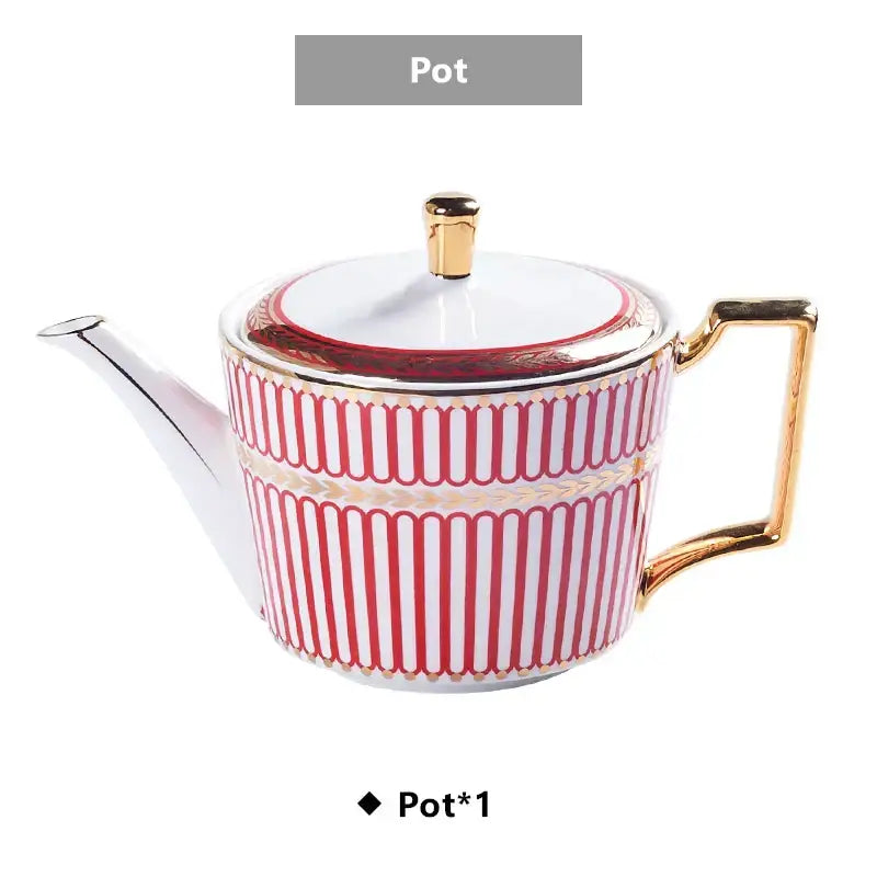 Elegant white porcelain teapot with vertical red stripes and gold trim from decorbites gold porcelain coffee set